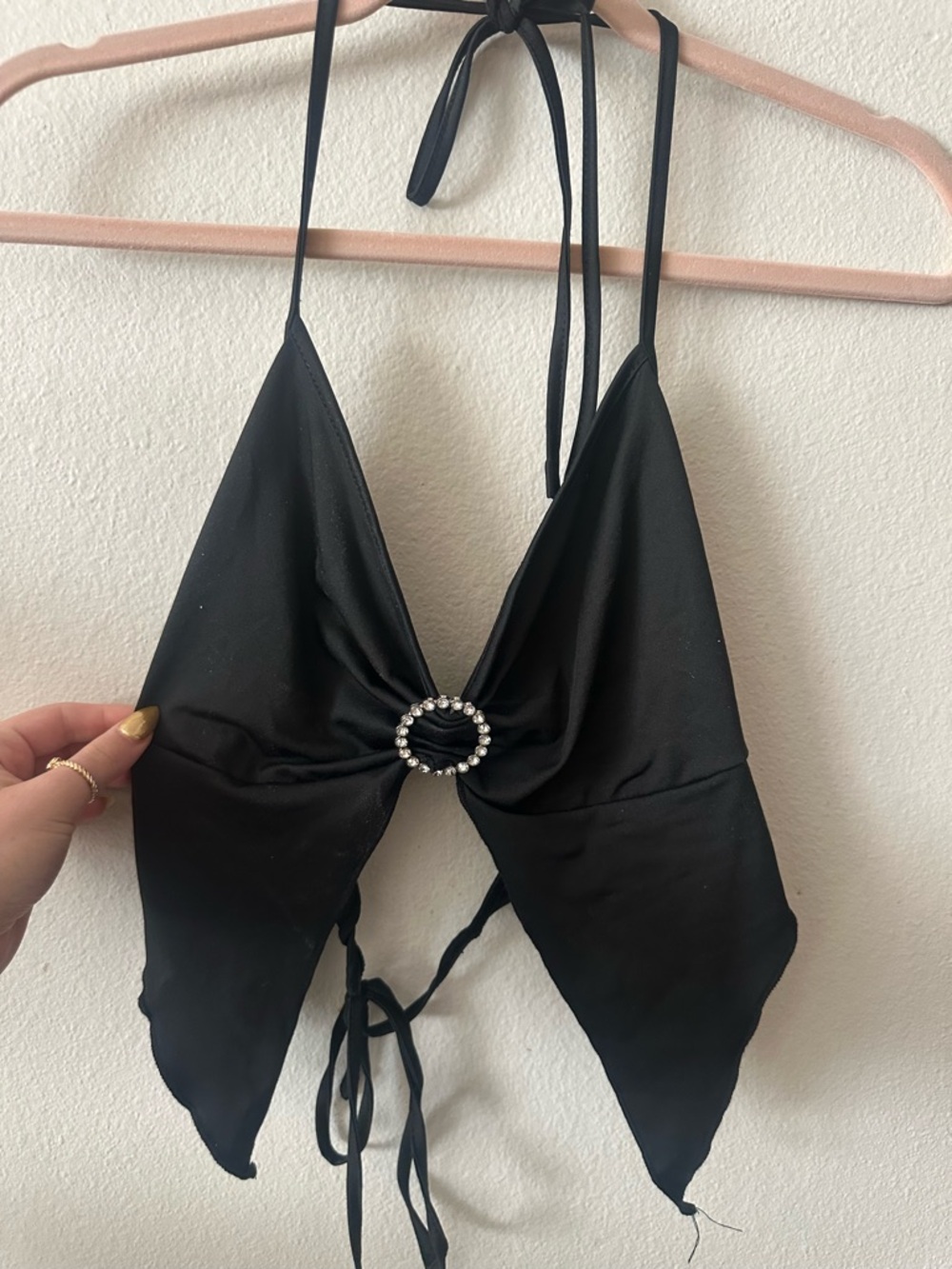 SHEIN Black Halter Crop Top with Rhinestone Ring Accent
